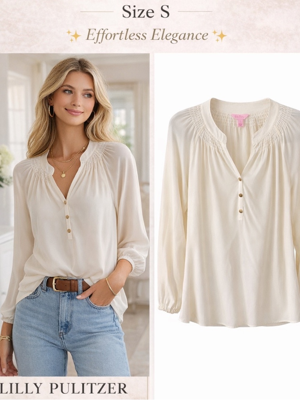 Lilly Pulitzer Cream Silk Blend Blouse Size Small Gold Button Detail Elegant Top